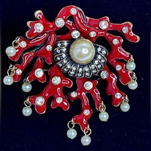 Brooch: Heidi Daus Coral Branch Red Enamel Rhinestone Faux Pearl Dangle Pin 2.5”